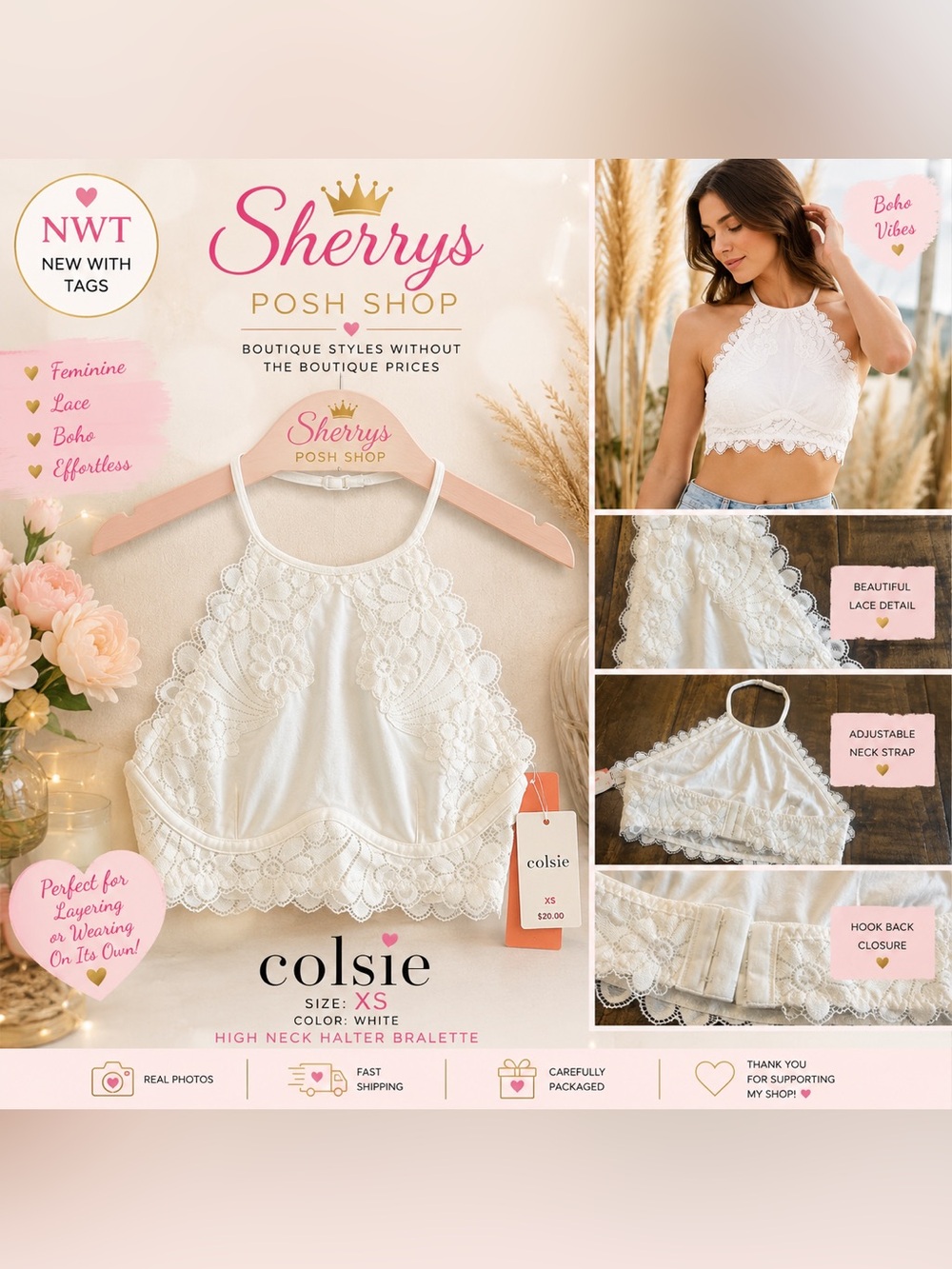 NWT Colsie White Lace Halter Bralette XS High Neck Crochet Boho Top